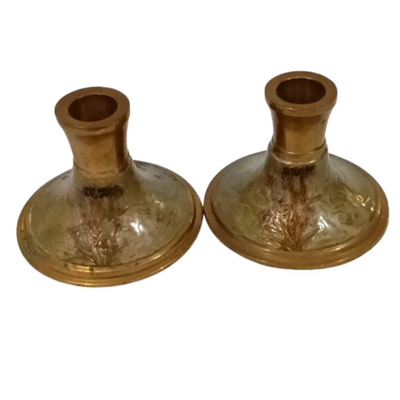 Vintage Pair Solid Brass Candlestick Holders Etched Floral Pattern Indian Made - Picture 2 of 8